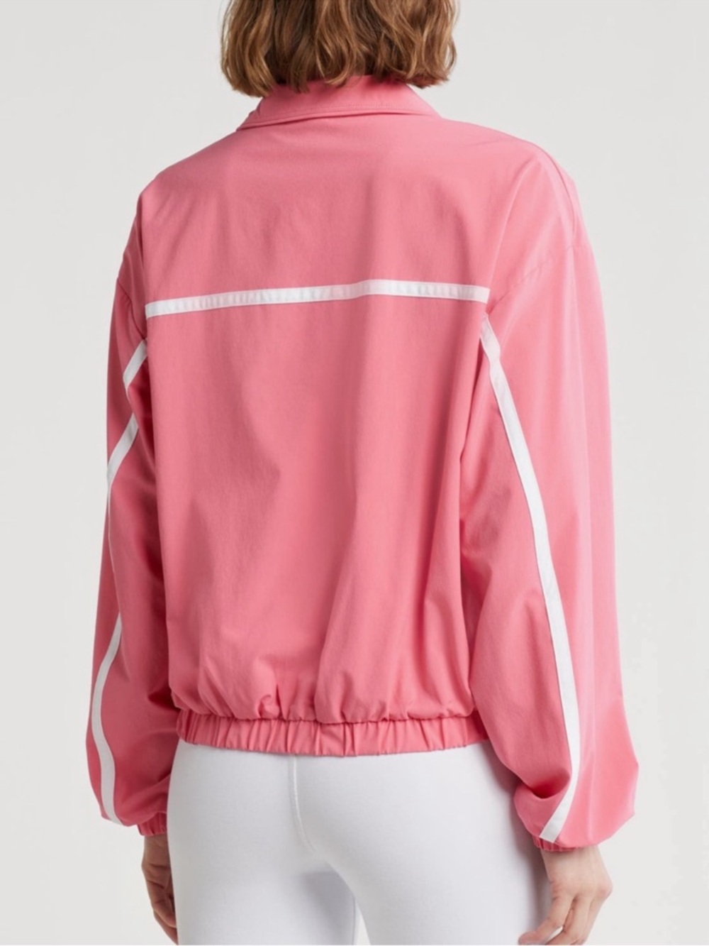 NWT💗Beyond yoga L go retro track jacket Pink Zip Bomber Jacket with White Piping - Picture 2 of 10